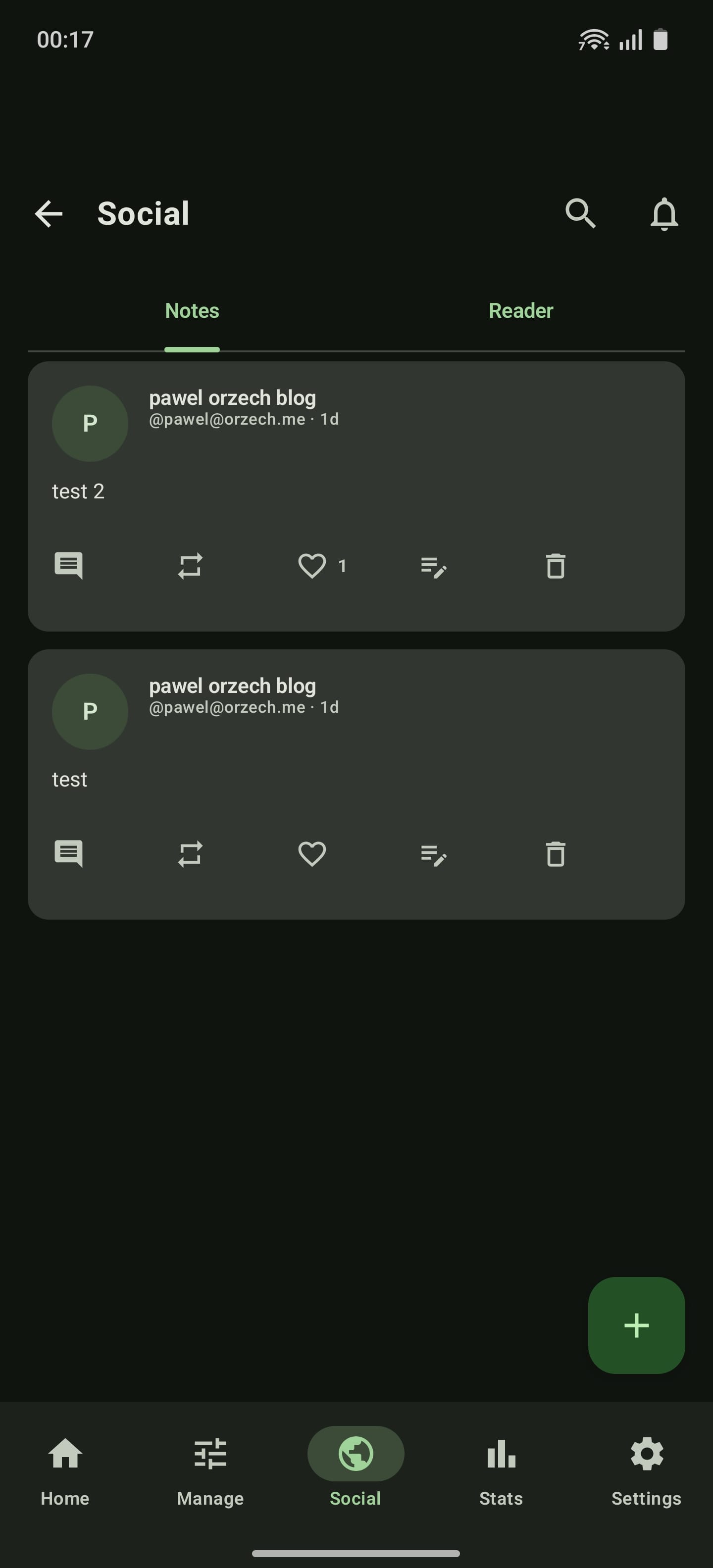 A mobile phone screen displays a social media app with two posts from "pawel orzech blog" showing "test 2" and "test"