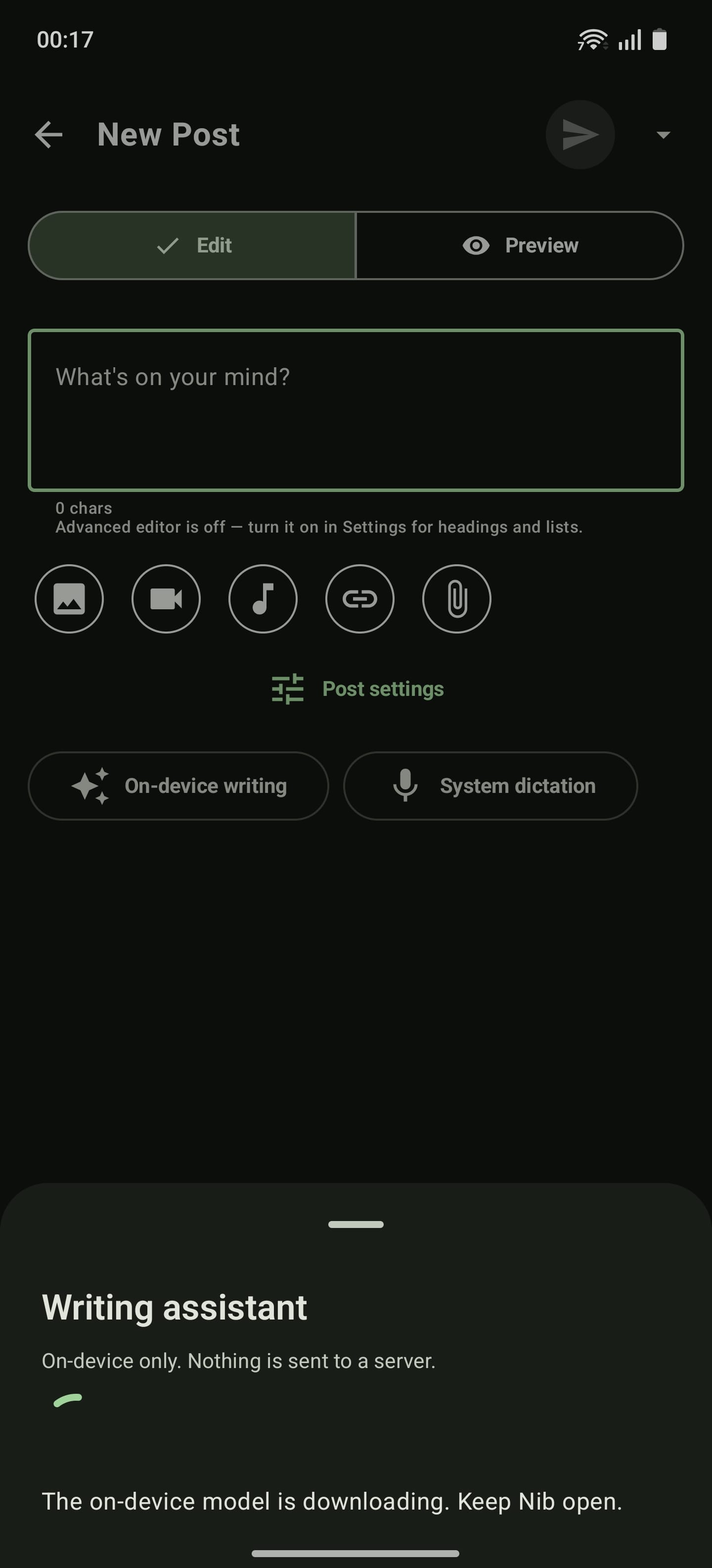 A dark-themed mobile screen displays a "New Post" interface with text input, media options, and writing assistant features