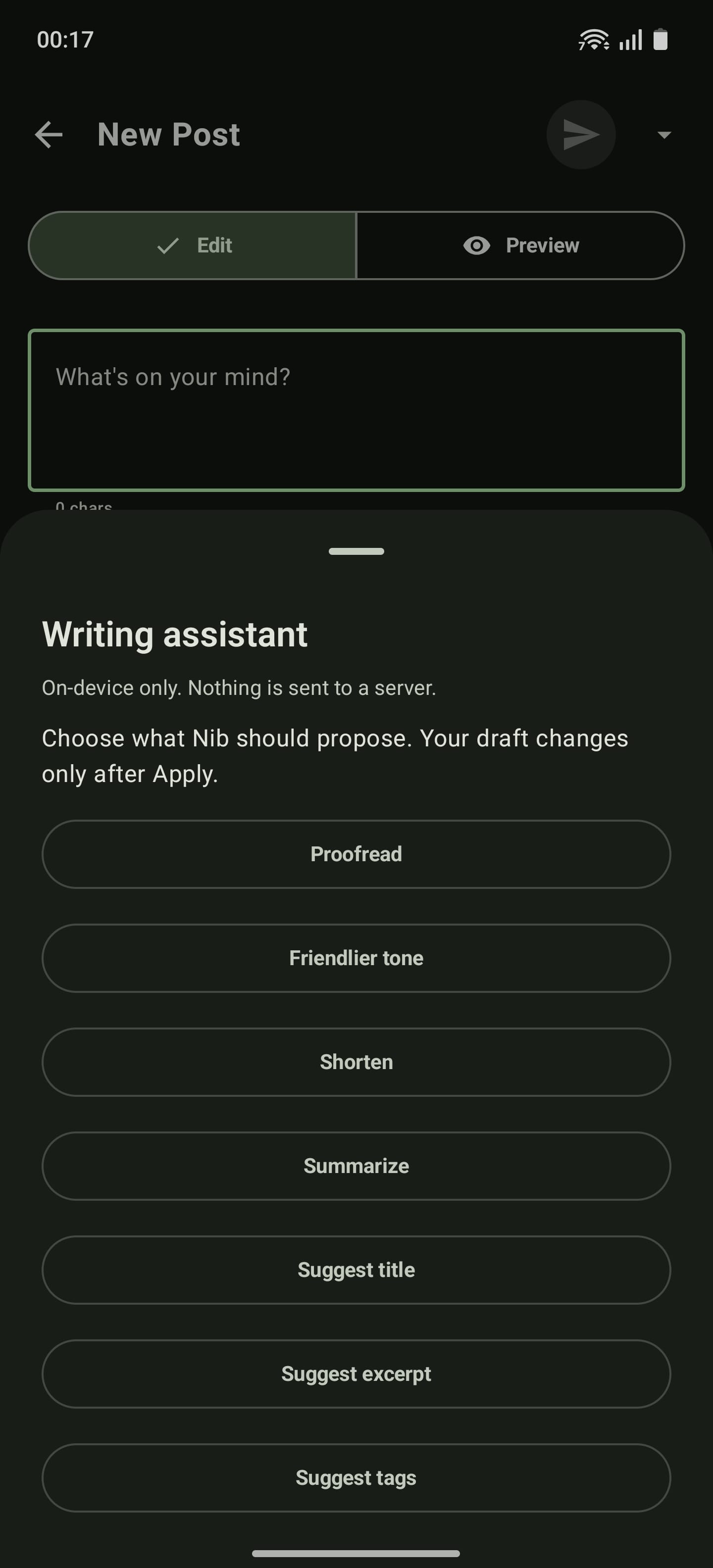A mobile phone displays a "New Post" screen in a dark theme. The screen includes a text input field with the placeholder